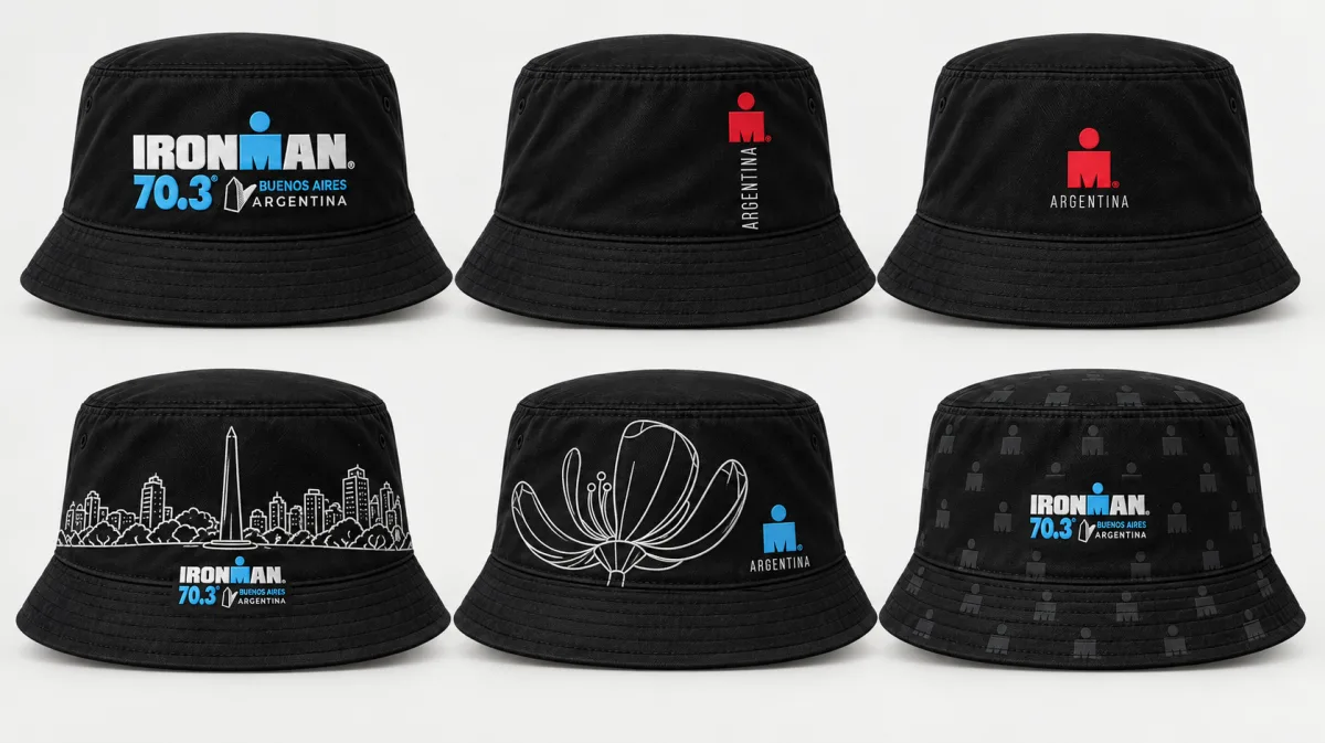 Seis pilusos negros con distintos diseños para la tienda oficial de Ironman Argentina